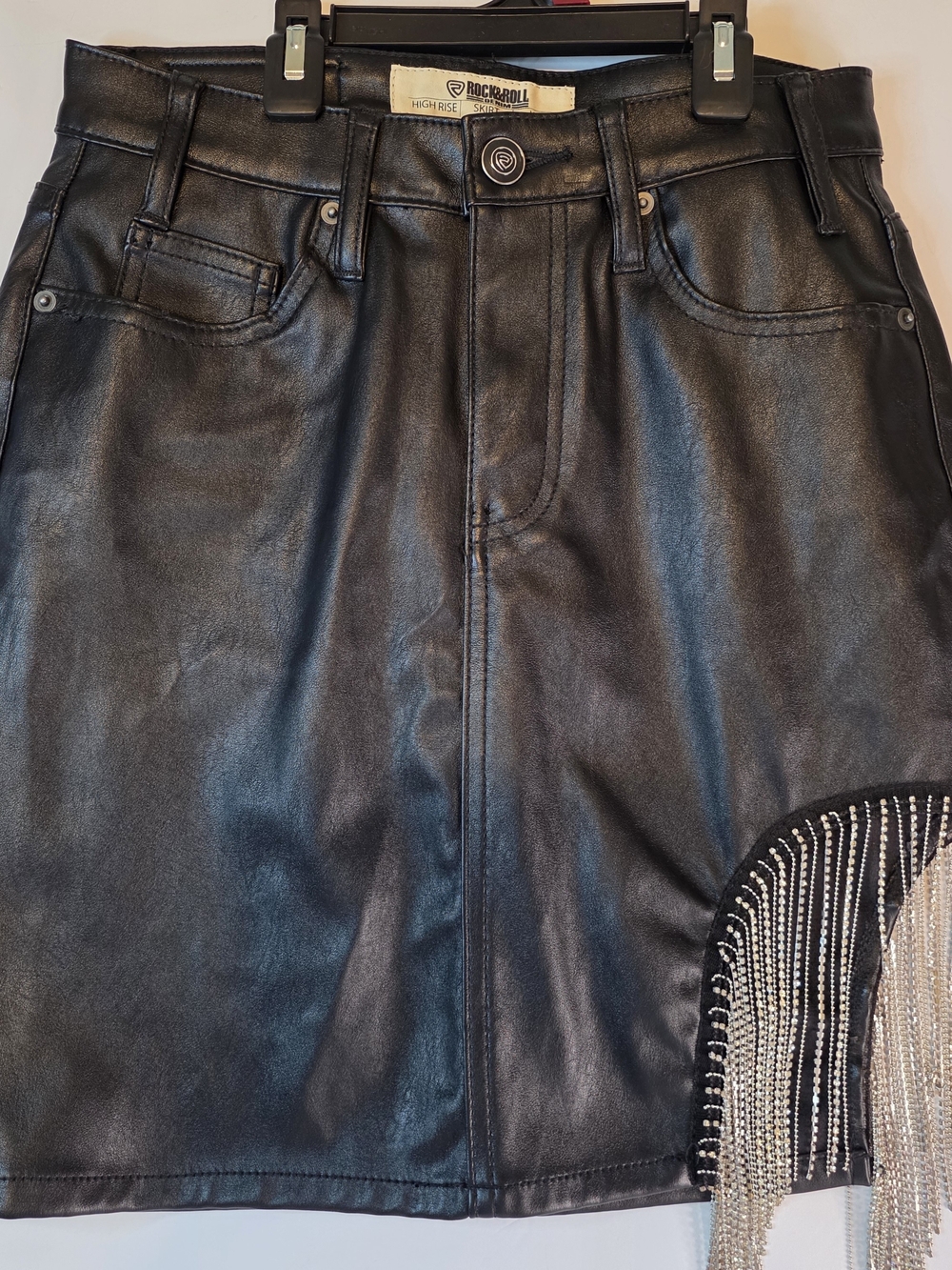 Rock & Roll Cowgirl Black Faux Leather Mini Skirt with Chain Fringe